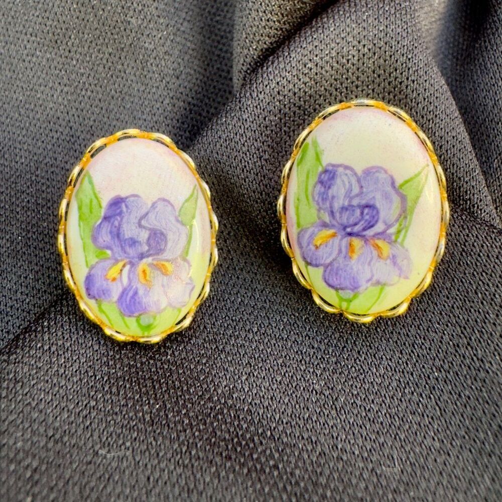 Vintage Handpainted Iris Earrings